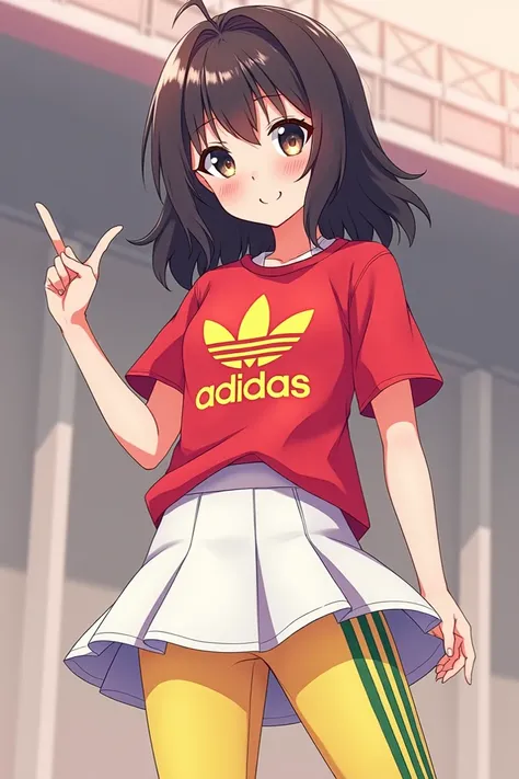 anime girl is standing with red adidas shortsleeved shirts, white three striped black adidas skirt and yellow three striped green adidas pants