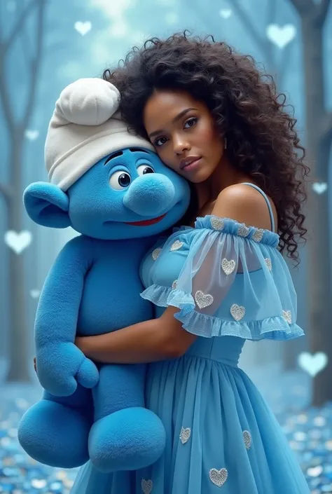 Realistic photo of beautiful curvaceous curvaceous curly haired woman wears beautiful blue dress with white hearts the dress is chiffon with ruffles and dropped sleeves with olanes like Smurf while embracing a cute very large plush smurf and a boken backgr...