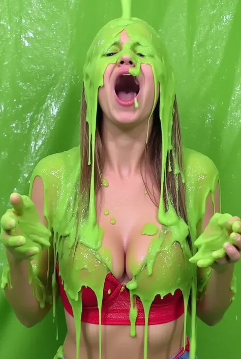 DSLR photograph. Beautiful girl covered in green water. 21 year old. (Photorealistic: 1.4). (Raw photo: 1.2). Gameshow background. Wearing red lace bra. Raining slime. Cleavage. Green slime. Green water. Screaming. Blue eyes 