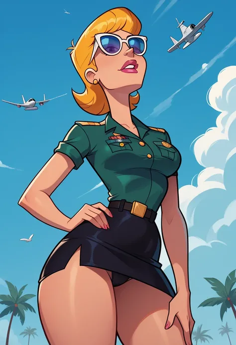 1 , alone, alone,  beautiful,   masterpiece ,   best quality swimsuit , Lisa the Babá  ( Dexter's Laboratory),standing, ((   hand on the hip tilts the torso forward))),(   black military uniform   , short pencil skirt,   black panties  , sunglasses yellow ...