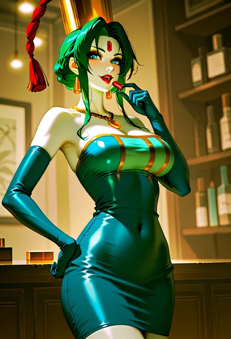  score_9, score_8_ up the side, score_7_ up the side, masterpiece,  high resolution,  glittering clothes ,  1 girl, Heavy makeup, ,  green hair, white skin , Red gem on forehead, 、 has 1 lipstick tube near her lips, Red lipstick,  eyeshadow,   while tastin...