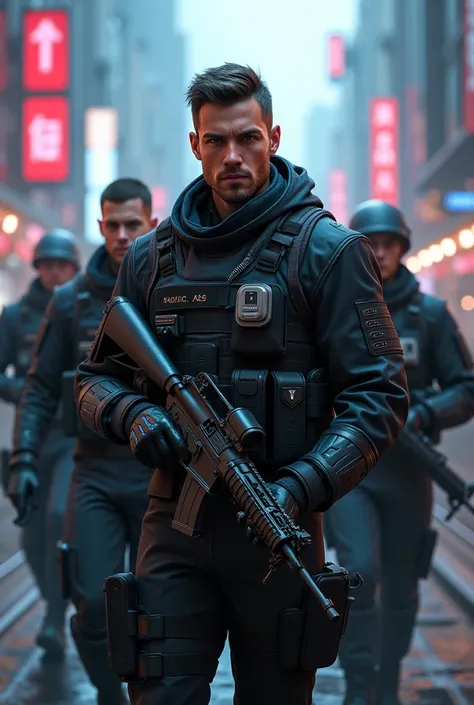 Handsome military man dressed in uniform with a tie with a rifle (  cyberpunk style )  Along with his squad