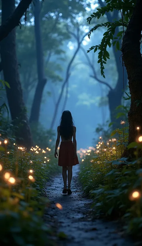 A  from the movie Avatar with a curious look walking through a dense Pandora forest. around, lianas and bioluminescent flowers light the path ,  while small, bright animals can be seen in the background ."