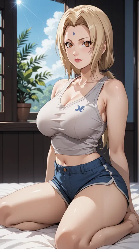 Masterpiece, extremely detailed,4k,solo, 1girl, tsunade, beauty anime face, Wonderful eyes, full body ,perfect slim body ,perfect slim body, very large breasts,white croptop,((shorts)), Front look, sit on the bed, sunlight on the windows, cowboy shot, boke...