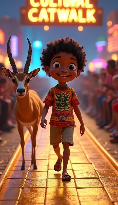 A  boy is confidently doing a catwalk on a unique and creative runway in a lively, engaging setting. The background features a vibrant cityscape with colorful lights, a giant, glowing neon sign that reads "Cultural Catwalk," and a crowd of joyful spectator...