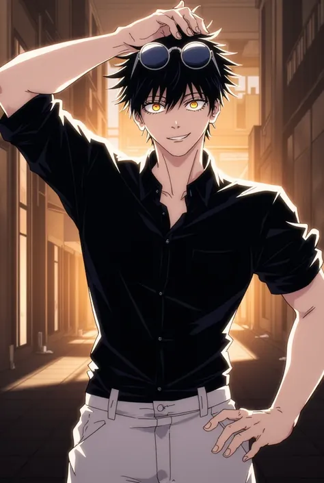 Man, black hair, spiky hair, orange eyes, black shirt, white shorts, charismatic, circular sunglasses raised, illuminated 