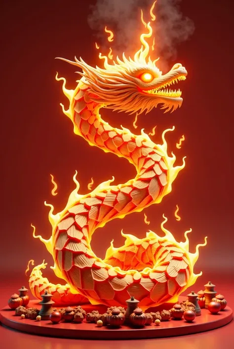 Wooden fire snake for new year with flames, and orosperous and good fortune, health 