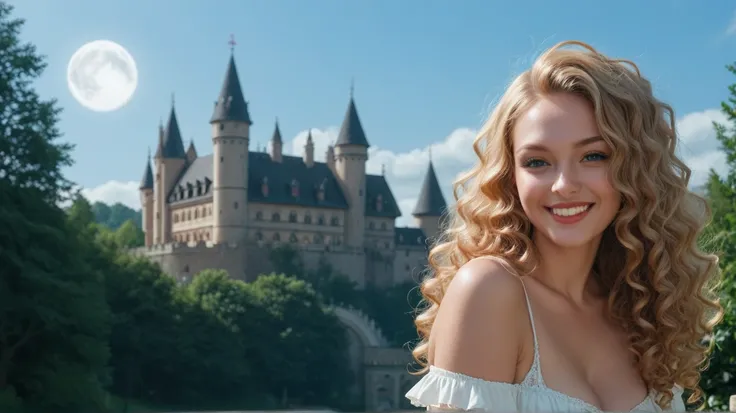 curvy blonde woman with long curly hair, smiling, Germany: Neuschwanstein Castle, inspiration for Disney, moon night