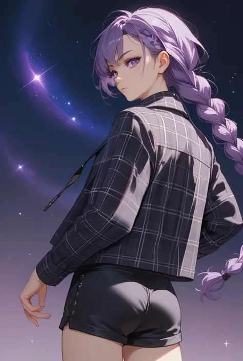  skinny girl anime 17
years , long and straight hair
Mauve color with a
braid on the left side and
Starry purple eyes
with black flannel, Jacket
purple and white .
 Back with black shorts and
.
negro.