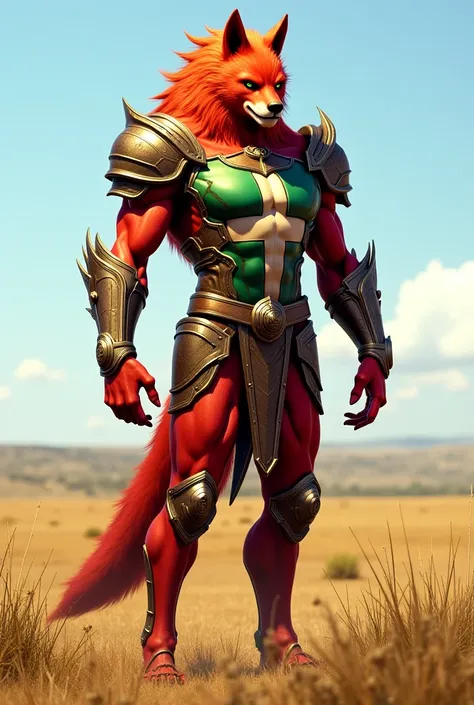 Distrito Federal: "A tall humanoid warrior resembling a maned wolf, with fiery red fur-like armor and a lithe frame. The armor displays the green and white cross from the flag of the Federal District, standing in the open savanna of the Cerrado."