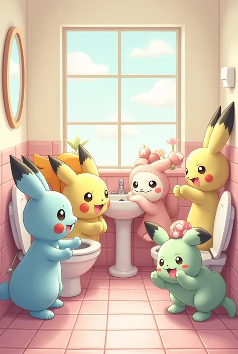 Pastel-colored painting of some Pokemon going to the bathroom 