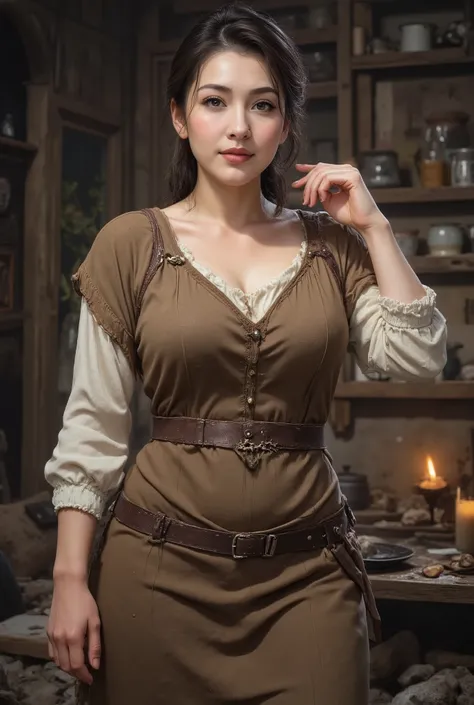 epic fantasy art, best quality, masterpiece, super high resolution, beautiful mature woman, Kind Face, green eyes, kind smile, Curvy Body, big boobs, updo brown hair, Medieval Farmer's Cloth Outfit, Shabby cloth clothes, In Shabby Medieval Room, night:1.2,