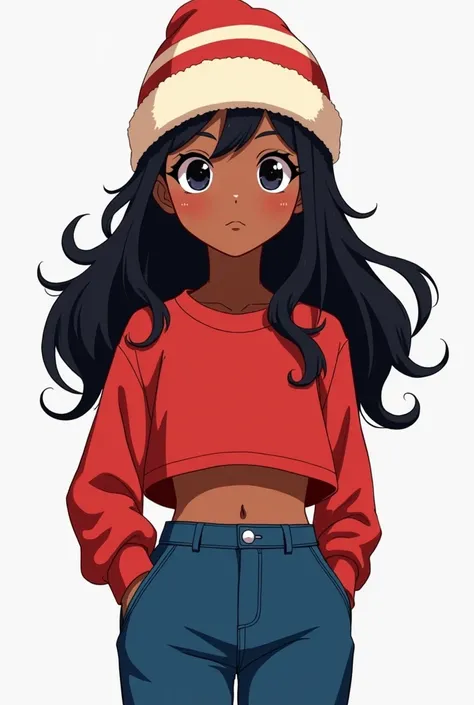 Black-skinned girl with long wavy black hair,  wearing blue pants and a red short top ,  with a winter-style hat with red and white stripes (She drew anime style ) 