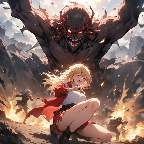 whole bodyが見える,The girl is seriously injured  , Frightened face、, crying face, the girl who is jumping 、 The girl has a distressed expression 、Frightened face、A fight between a girl and a monster , monsters catch the girl and lift her up,Monster bites girl...