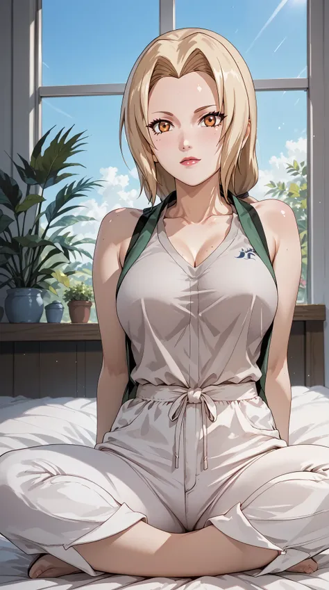 Masterpiece, extremely detailed,4k,solo, 1girl, tsunade, beauty anime face, Wonderful eyes, full body,lotus position ,perfect slim body ,perfect slim body, very large breasts,white croptop,sleeveless,((sexy short pants)), Front look, arms behind back,sit o...