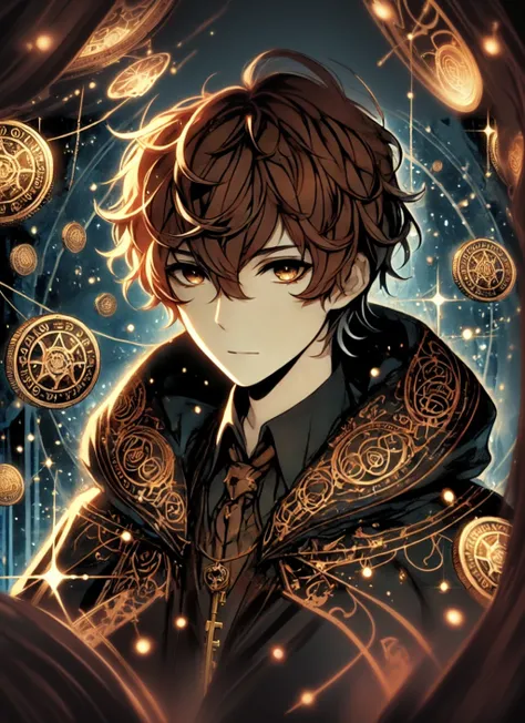 anime - style image of a man in a black coat with a golden star in the background, key anime art, handsome guy in demon slayer art, highly detailed exquisite fanart, detailed key anime art, anime art nouveau cosmic display, stunning anime face portrait, de...