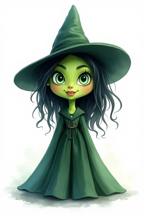 I would like a cartoon-style character, watercolored, with traits of the character Elphaba from the movie Wicked, played by Cyntia Erivo, with a white background