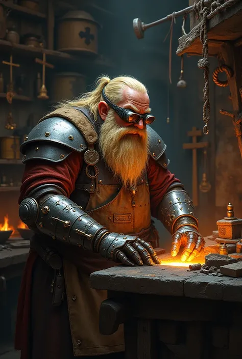 a dwarf, blonde, middle age,  WITH A MECHANICAL ARM, Smith, dark protective goggles thick lens , roupas de Smith, cleric 