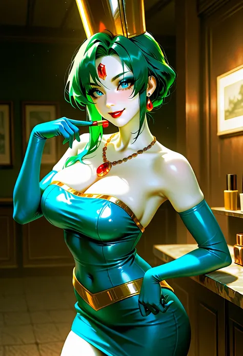  score_9, score_8_ up the side, score_7_ up the side, masterpiece,  high resolution,  glittering clothes ,  1 girl, Heavy makeup, ,  green hair, white skin , Red gem on forehead, 、 has 1 lipstick tube near her lips, Red lipstick,  eyeshadow, , blue eyes, B...