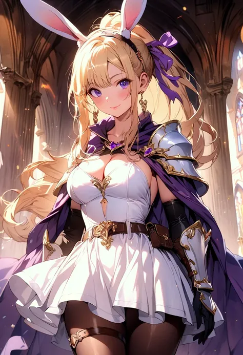 (masterpiece),(best quality),(ultra-detailed),(best illustration),(best shadow),(detailed background), 1girl, breasts, pantyhose, purple-eyes, cleavage, solo, belt, gauntlets, cape, jewelry, ponytail, large-breasts, blonde-hair, standing, long-hair, earrin...