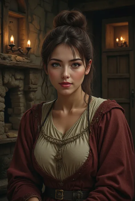 epic fantasy art, best quality, masterpiece, super high resolution, beautiful mature woman, Kind Face, green eyes, kind smile, Curvy Body, big boobs, updo brown hair, Medieval Farmer's Cloth Outfit, Shabby cloth clothes, In Shabby Medieval Room, night:1.2,