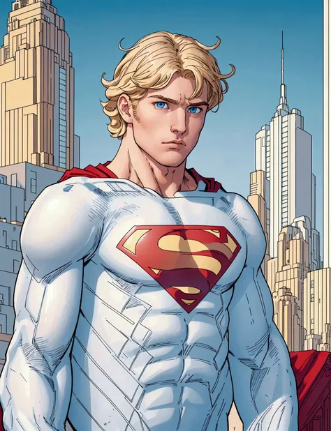 1masculino , Low gradient haircut  ,  wavy hair , short hair,  blond hair ,  blue eyes , thin ,male teenager , white body suit  ,  serious expression  , modern city background , modern city background, upper body, Superman shirt,