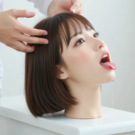 A beautiful, dead american girl's disembodied head is standing on a white tabla, in side view. She tilts her head back completely. She has beautiful straight, thick, smooth, silky, shiny, ligt brunette, blunt bobbed hair with thick bangs. Hands grab and sq...