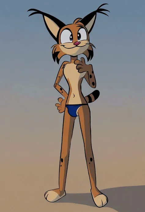 Lynx cartoon guy full length slim skinny in tight speedo on the beach with a happy face striped tail