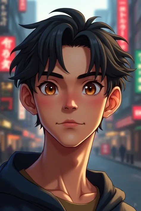 Face of a 22 year old young man, It is reddish white skin, Hazel eyes,  wavy black hair ,  small nose, small eyes, medium sized ears, In a city during the day