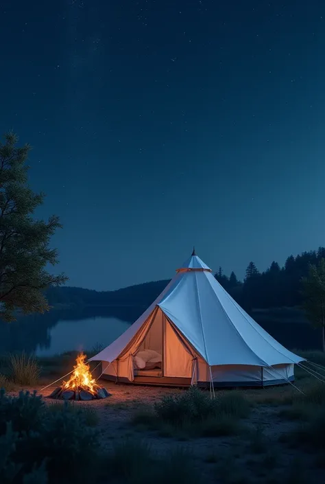 A large white camping tent, near a lake. At night starry sky 