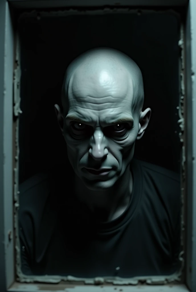 a sinister , without hair, no hair, behind a window, with completely black soulless eyes. his pale skin and emotionless face contrast with the void-like darkness of their eyes, which reflect no light, making him look unnatural and menacing.