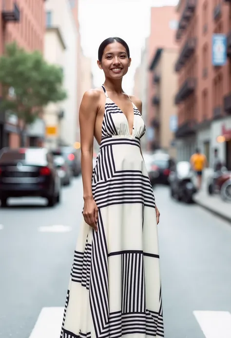 A full-body wide shot filipino woman, smiling, wearing STRIPED_POPLIN_MIDI_DRESS, FLATS, standing, FACING FRONT, power pose, 35mm lens, new york city, street photography