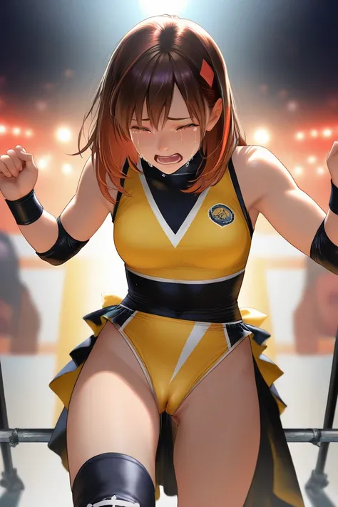 Young hope female professional wrestler, Suzumoto Chinatsu, crying,wearing a two-tone yellow and black separate costume,((((masterpiece)))), (( unity 8k wallpaper, photorealistic , (( detailed face )), ((nsfw)),Tightrope walking with pussy,ride on tightrop...