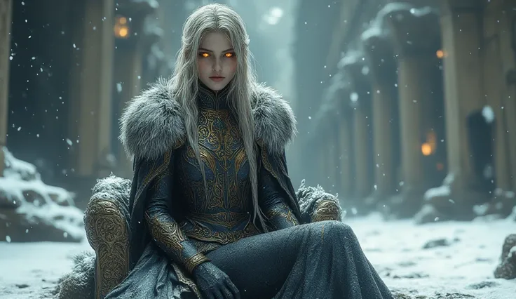 Hel Norse goddess blonde hair orange eyes. snowy landscape, light black armor with golden details . Sitting on a throne and in the background ruins and haze and some epic and realistic cold