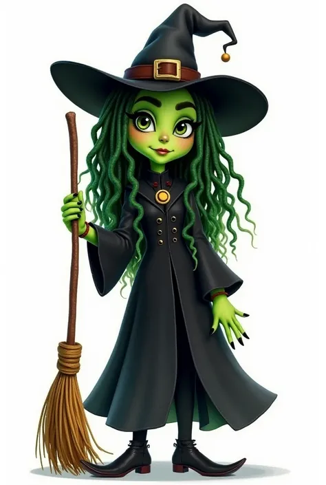 I would like a cartoon-style character, watercolored, with traits of the character Elphaba from the movie Wicked, played by Cyntia Erivo, with a white background.  The character wears clothes, witch hat and black cape.  a broom . dreadlock style hair. It l...