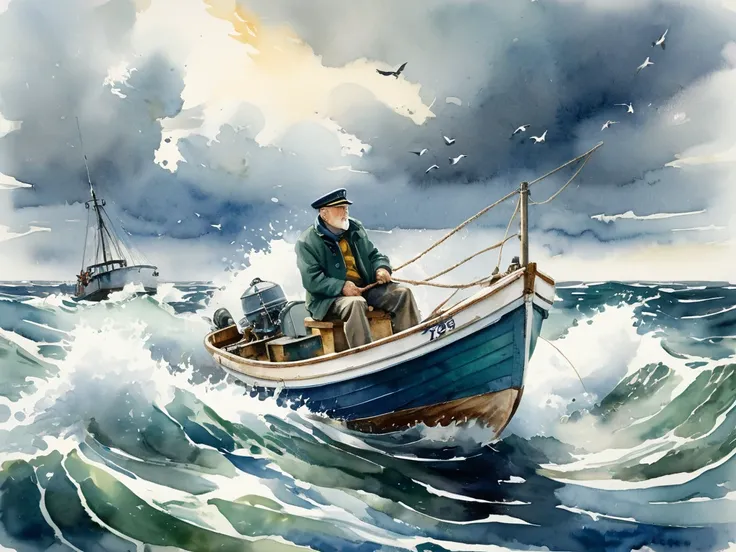 A weathered, impressionistic watercolor painting of a small fishing boat, named "Viking," navigating choppy seas on a cloudy day.  The fishing boat is an old flat wooden boat, white hull with blue accents, and is being propelled by an evinrude outboard mot...