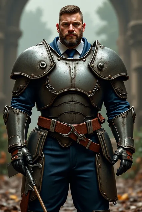 Handsome man with short brown hair with short beard and tall stocky wearing armor with a suit with a tie underneath holding an axe