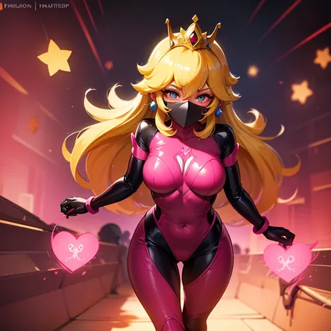 Princess peach in a gimp suit head showing with pink power ranger in hell