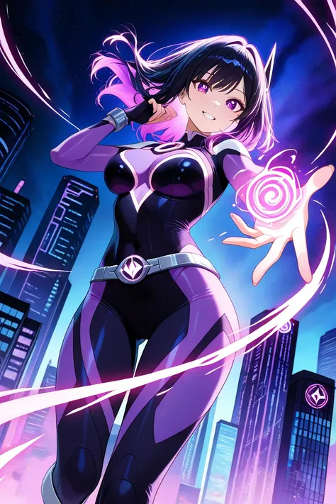  A teenage superhero girl with a style that combines the dynamism of superhero comics and the vibrant aesthetics of anime .  She has short black hair ,  with wicks that seem to move as if affected by her power .  Her superhero costume is tight and modern ,...