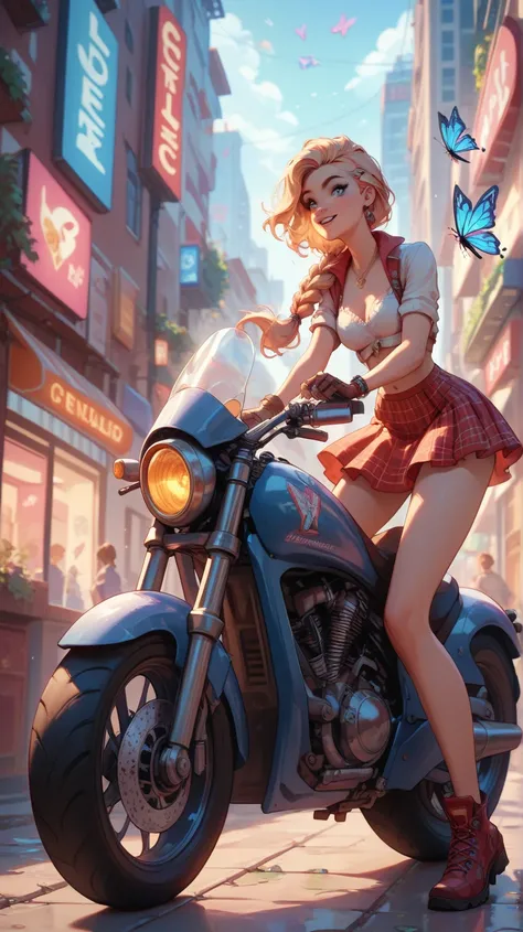  Long-haired woman , blue and pink,with a slim body and big boobs with a red round skirt and a golden low-cut blouse ,next to a big blue motorcycle ,in a neon city with jelly buildings and lots of little flying cybernetic butterflies.