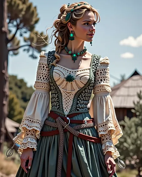 fully crocheted renaissance faire look flowy blouse, bodice, accessories and belts, blonde