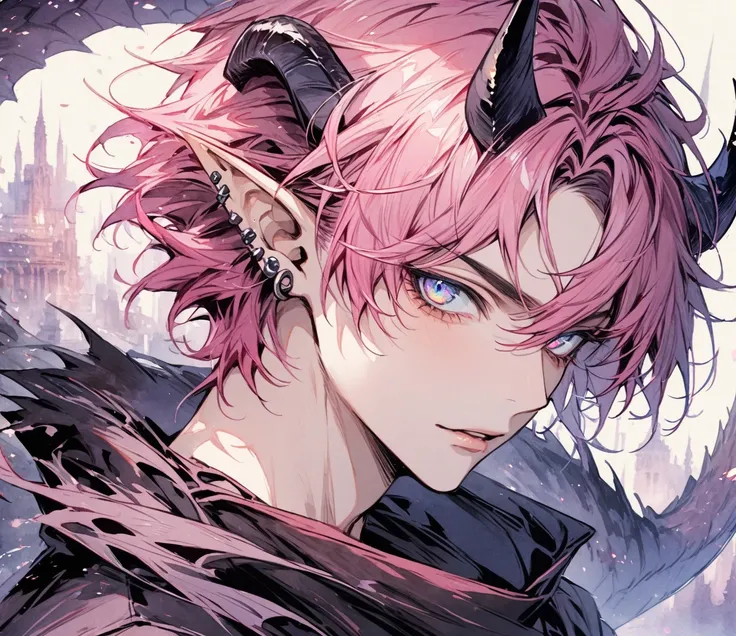 Solo, 1boy, boy, 25 year old, mature, pink hair, wolf cut hairstyles, watercolor eyes, cat eyes, piercings, large demon horns, dragon tail, elf ears, beautiful color, high detail, detailed background, dark library, fantasy, Close-up, looking at viewer