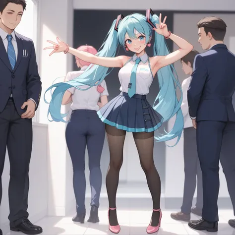  Hatsune Miku（Height: 160cm)、（ dark blue business jacket 、 very fitted white shirt 、 light blue tie 、 very tight navy blue skirt has slits、 black pantyhose、 Pink High Heels、small pink earrings、 shirt is very tight ）(( anatomically correct body ))、(((( very...