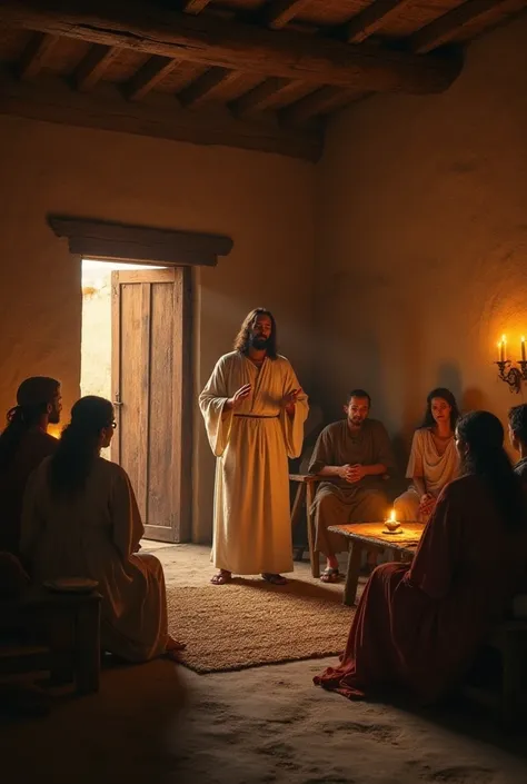 **Prompt:**  

"Describe a serene and intimate scene of Jesus preaching inside a simple, modest home from his time. The room is illuminated by the soft glow of oil lamps, casting warm light on the humble surroundings—clay walls, a low wooden table, and wov...