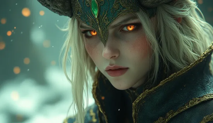 Close-up Hel Norse goddess blonde hair orange eyes. snowy landscape, light black armor with golden details . In the background ruins and haze epic and realistic. Add some green rays