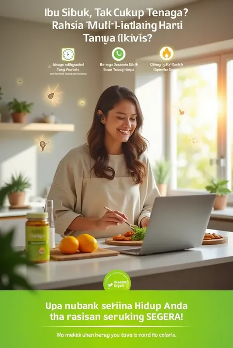 A busy working mom in a cozy, well-lit home kitchen, multitasking between cooking a healthy meal and working on a sleek laptop. She is smiling warmly, radiating energy and happiness. A neatly placed bottle of Cordyc+ is on the countertop, subtly highlighte...