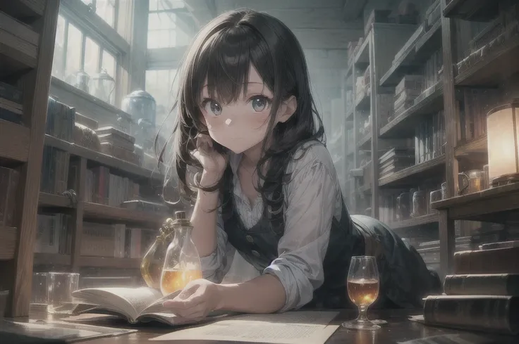 A magical alchemist's laboratory filled with various flasks, beakers, and glowing liquids of different colors. The room is dimly lit, with a mystical atmosphere created by the faint blue and green light emanating from the potions. A young girl with a charm...