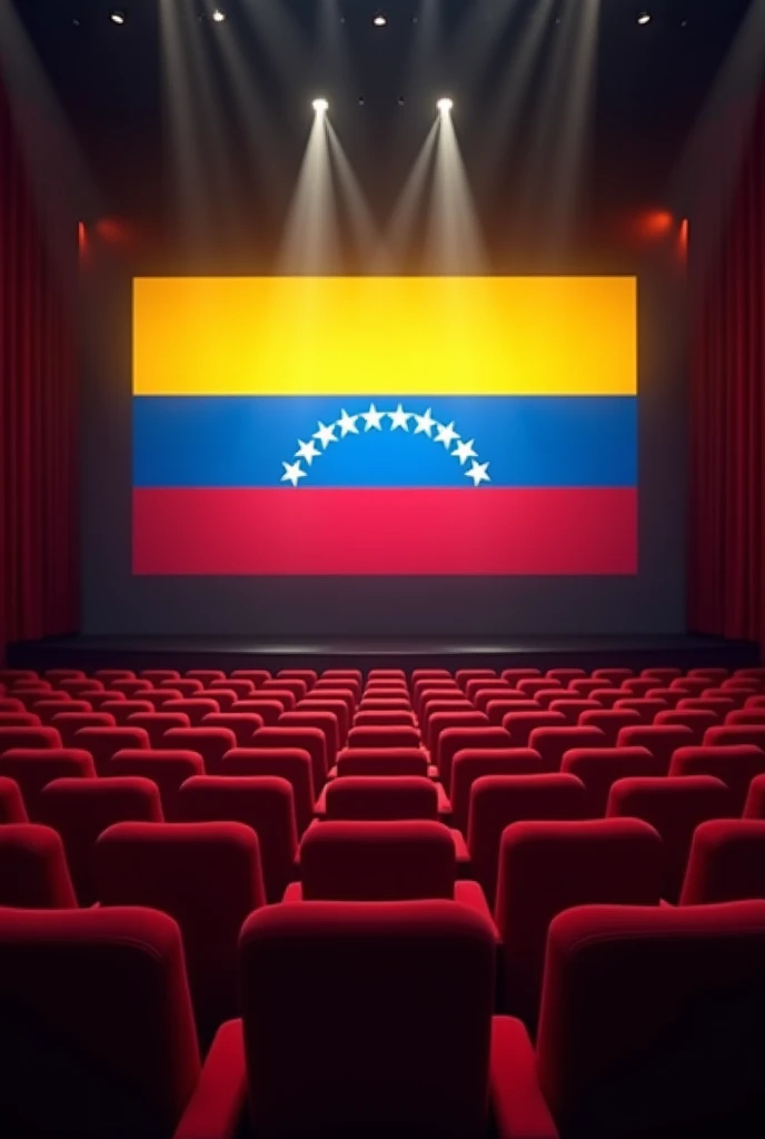 It is Venezuelan film day .  Create an image of a movie theater with red seats ,  in this image it should be seen as the image of the Venezuelan flag appears from the projector and is projected on the big screen of the cinema