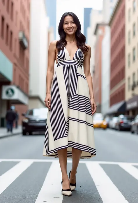 A full-body wide shot filipino woman, smiling, wearing STRIPED_POPLIN_MIDI_DRESS, FLATS, standing, FACING FRONT, power pose, 35mm lens, new york city, street photography