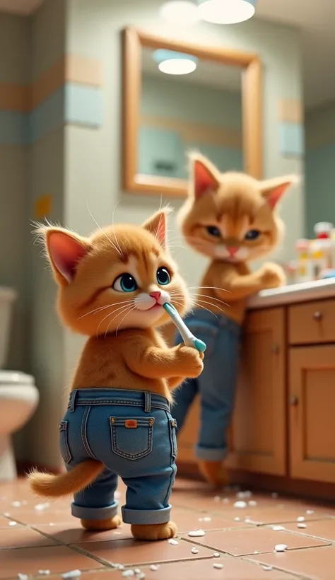 A brown kitten in jeans has a human-like character brushing his teeth in the bathroom